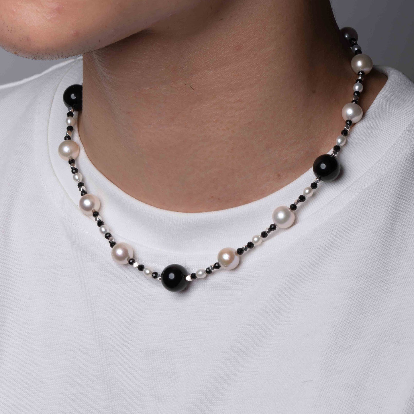 Black Onyx and Pearl Beaded Necklace