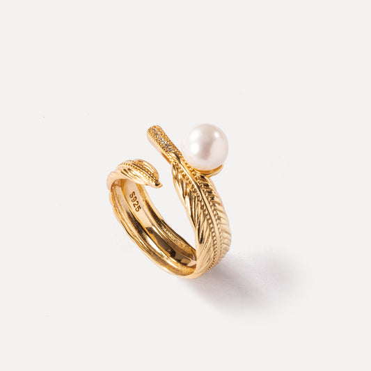 Feather with Pearl Adjustable Ring