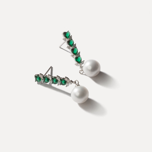 Emerald Green Heart Pearl Drop Earrings