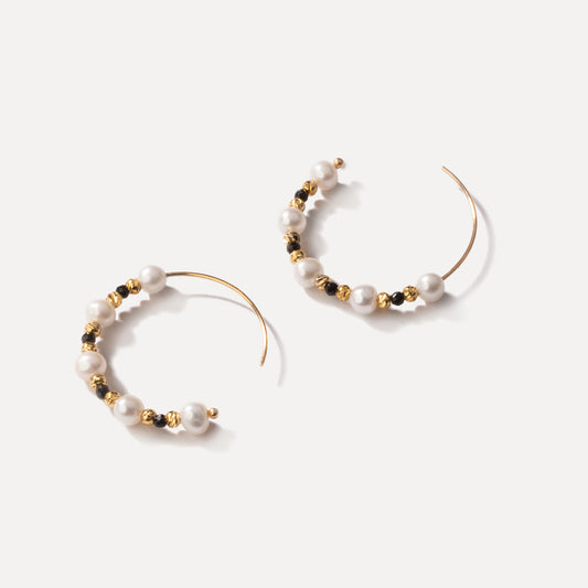 Sigma Hoop Earrings(Black Tourmaline and Pearl)