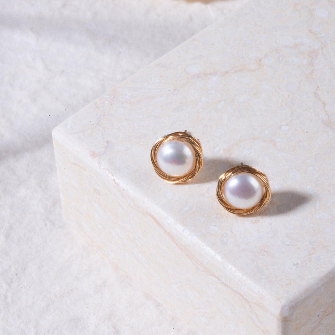 Hand Wire Wrapping Strong Luster Pearl Stud Earrings