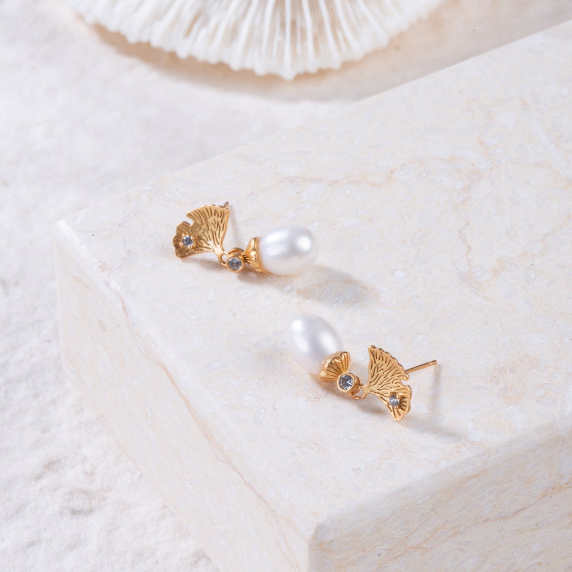 Theodora-Golden Ginkgo Pearl Stud Earrings