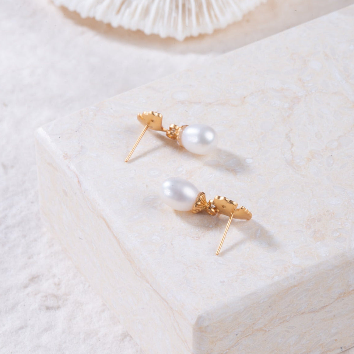 Theodora-Golden Ginkgo Pearl Stud Earrings