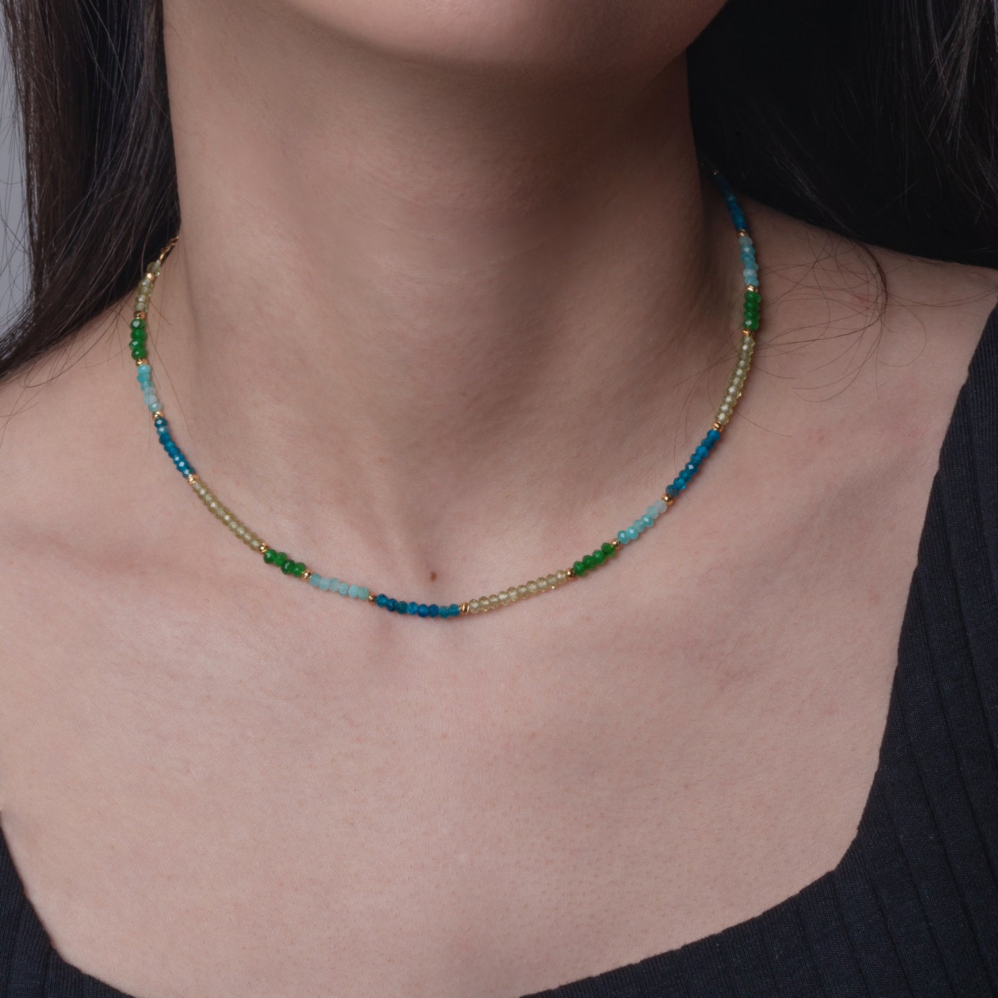 August Crush Crystal Beaded Necklace(Apatite/Amazonite/Peridot/ Chrysoprase)