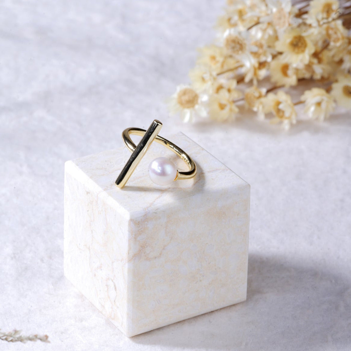 Gold T Pearl Adjustable Ring