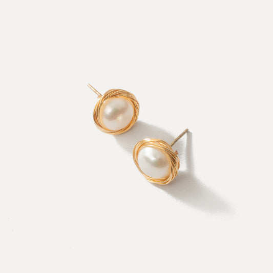 Hand Wire Wrapping Strong Luster Pearl Stud Earrings