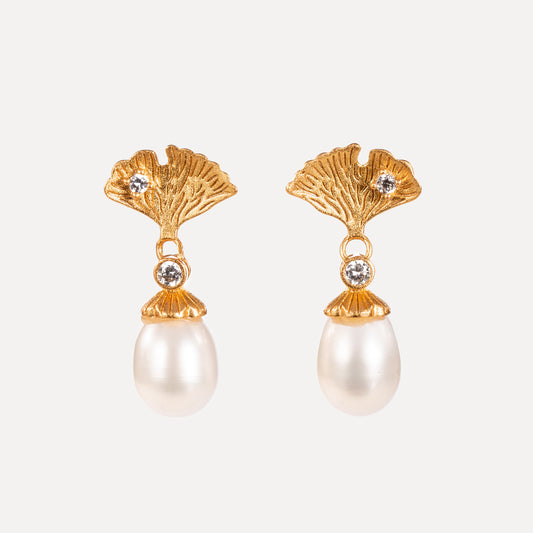 Theodora-Golden Ginkgo Pearl Stud Earrings